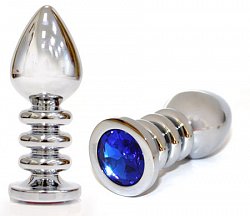 Анальная втулка Silver Plug серебристая рельефная с синей стразой