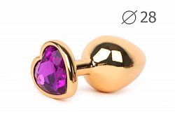 Анальная втулка Golden Plug small золотая с фиолетовым кристаллом в форме сердца