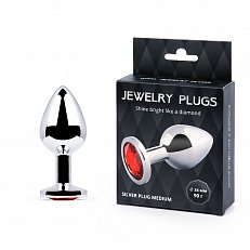 Анальная втулка Silver Plug medium серебристая с красным кристаллом 16