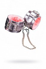 Оковы серебристые из искусственной кожи с розовым мехом