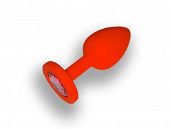Анальная втулка малая из медицинского силикона красная с сиреневым стразом 013