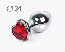 Анальная втулка Silver Plug серебристая с красной стразой в виде сердца