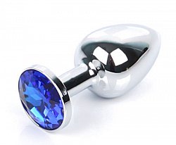 Анальная втулка Silver Plug small металлическая серебристая с синим кристаллом