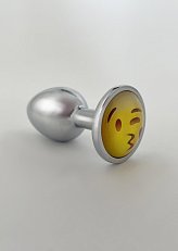 Анальный плаг малый металлический серебристый со стразом в виде смайлика 02