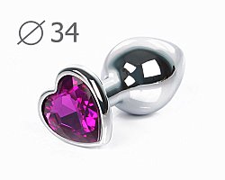 Анальная втулка Silver Plug серебристая с фиолетовой стразой в виде сердца