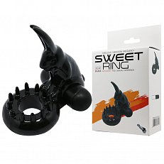 Виброкольцо Sweet Ring кролик из TPR чёрное с выносной вибропулей