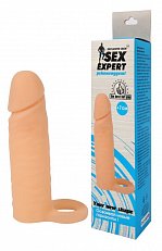 Насадка увеличивающая SexExpert с кольцом на мошонку телесная из TPR 16 см