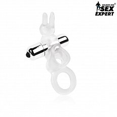 Кольцо эрекционное SexExpert Cock's Ring с вибрацией и кольцом на мошонку прозрачное