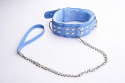 Ошейник голубой из искусственной кожи с мехом и поводок-цепь