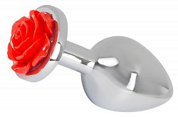 Анальный плаг металлический Rose серебристый со стразом в виде красной розы