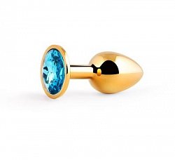 Анальная втулка Golden Plug small золотая с голубым кристаллом