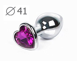 Анальная втулка Silver Plug серебристая с фиолетовым кристаллом в форме сердца